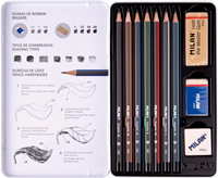 MILAN® Set 7 lápices de grafito (2H,H, HB, B, 2B, 4B y 6B) para dibujo, con 2 gomas de borrar y sacapuntas, en estuche metálico