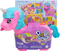 Polly Pocket Estuche con forma de piñata Partilandia de Unicornios, con 2 mini muñecas y +25 accesorios con temática de fiesta, juguete +4 años (HYD96)
