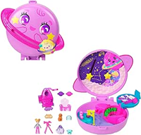 Polly Pocket Estuche Planeta Polly en el espacio exterior Conjunto de juego y muñeca, juguete de viaje con una muñequita, un cachorrito y accesorios temáticos, JCB18